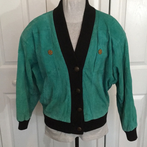 Genuine Suede Aqua Teal Cardigan Vintage Jacket M - Picture 2 of 8